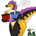  2017 anthro big_breasts big_butt black_scales box breasts brown_scales butt cake dialogue dinosaur dragon duo english_text featureless_crotch female food fur gift green_eyes green_scales hair huge_breasts larger_female long_hair lykenzealot male membranous_wings purple_fur purple_hair raised_tail raptor scales scalie sharp_teeth shelly_the_raptor simple_background size_difference smaller_male solo_focus speech_bubble teeth text theropod white_background wide_hips wings 