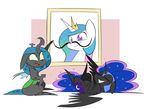  2017 absurd_res armor changeling chibi cosmic_hair cutie_mark duo equine eyes_closed feathered_wings feathers feral friendship_is_magic green_eyes helmet hi_res horn laugh lying mammal my_little_pony nightmare_moon_(mlp) on_back open_mouth open_smile portrait princess_celestia_(mlp) purple_eyes queen_chrysalis_(mlp) smile underpable winged_unicorn wings 