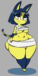  2017 angstrom animal_crossing ankha anthro big_breasts big_butt blue_hair blush breasts butt cat clothed clothing digital_media_(artwork) egyptian fangs feline female hair half-closed_eyes headdress huge_butt huge_hips looking_at_viewer mammal navel nintendo nipple_bulge noseless skimpy smile solo standing thick_thighs video_games wide_hips wrappings 