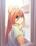  anthro blue_eyes brown_hair clothing detailed_background female fur hair headphones hi_res inside looking_at_viewer mammal pink_nose rodent rudragon shirt smile solo squirrel tan_fur window 