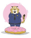  anthro benjamin_clawhauser cheetah clothing disney doughnut feline food mammal nicksfurry open_mouth open_smile overweight police_uniform simple_background smile solo uniform zootopia 