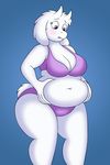  anthro belly big_belly big_breasts boss_monster bra breasts caprine cleavage clothed clothing female fur goat hand_on_stomach lordstormcaller mammal mature_female monster slightly_chubby toriel undertale underwear video_games white_fur 