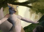  2017 ambiguous_gender anthro armpits breasts brown_fur canine duo female female/ambiguous forest fox fur hair hattonslayden hi_res human human_on_anthro interspecies leaves mammal nipples nude outside suggestive tongue tongue_out tree white_fur 