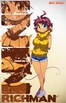  anthro big_breasts blue_eyes blush breasts clothing english_text eyebrows eyelashes female footwear fur hair looking_at_viewer mammal mouse nini_richman orange_fur pants purple_hair robaato rodent shoes shorts smile solo standing sweater text 