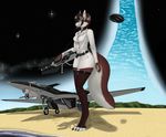  aircraft airplane anthro black_nose brown_fur brown_hair canine clothed clothing detailed_background digitigrade dog female fur hair husky mammal solo standing tales_foxdale wide_hips 