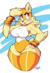  5_fingers abs anthro armpits bandage big_breasts black_nose breasts bruised canine dog erect_nipples female fur mammal mehdrawings muscular muscular_female nipple_bulge nipples red_eyes smile solo superhero_dog_(vimhomeless) sweat tongue tongue_out yellow_fur 