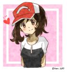  ayumi_(pokemon) baseball_cap black_shirt breasts brown_eyes brown_hair closed_mouth creatures_(company) female game_freak happy hat heart looking_at_viewer nintendo pokemon pokemon_(game) pokemon_lgpe rean_0547 rean_0647 red_hat shirt small_breasts smile solo upper_body 