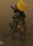  2015 anthro anubis big_breasts big_ears black_fur black_hair breasts butt crown deity ear_piercing female fur hair looking_at_viewer nipple_piercing nipples nude piercing simple_background solo tattoo zp92 