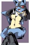  9999gpera anthro black_fur blue_fur breasts featureless_breasts female fur hand_on_breast looking_at_viewer lucario nintendo open_mouth pok&eacute;mon red_eyes sitting solo spikes tongue video_games yellow_fur 