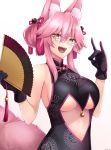  1girl animal_ear_fluff animal_ears bangs bare_shoulders bell black_dress blush breasts center_opening china_dress chinese_clothes dress fan fate/grand_order fate_(series) folding_fan fox_ears fox_girl fox_tail glasses hair_between_eyes highres jingle_bell koyanskaya large_breasts long_hair looking_at_viewer pink_hair sidelocks simple_background smile solo tail tassel tied_hair underboob white_background yellow_eyes yukihama 