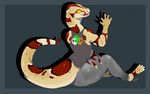  2017 anthro barefoot black_eyes brown_scales butt clothed clothing english_text female funnymouth grey_background open_mouth pants red_scales reptile scales scalie shirt signature simple_background sitting slit_pupils smile snake solo tank_top text tongue torn_clothing white_scales yellow_sclera 