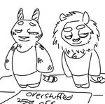  anthro black_and_white cliff_(weaver) disney doll duo fan_character feline half-closed_eyes lion male mammal monochrome neil_(weaver) pack_street sign simple_background smug text the_weaver tiger zootopia 