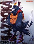  anthro avian bazooka_crow bird black_feathers clothed clothing corvid crow english_text feathers footwear jacket looking_at_viewer male melee_weapon robaato scarf shoes solo standing sword text weapon yellow_eyes 