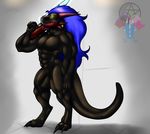  alien anthro big_bulge blue_hair clothing dragon gun hair male muscular ranged_weapon rifle solo standing suit weapon xandrick xanfire 