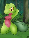  2017 anthro anthrofied areola armpits black_eyes breasts female forest green_scales kneeling leaves navel nintendo nipples nude outside pok&eacute;mon pok&eacute;morph pussy raised_arm red_nipples red_scales reptile scales scalie solo tree treecko video_games yellow_sclera zinzoa 