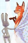  2017 akiric anthro bathing breasts butt canine colored dipstick_ears disney duo female fox gloves_(marking) green_eyes hand_on_hip judy_hopps lagomorph larger_male male mammal markings nick_wilde nude rabbit rear_view shower shower_curtain side_boob size_difference small_breasts smaller_female smile steam water zootopia zootopiainner_ear_fluff 