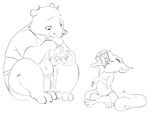  2017 anthro bear black_and_white canine clothed clothing disney dotkwa duo eating fan_character female food fox male mammal monochrome navel noodles ramen simple_background sitting slightly_chubby white_background zootopia 