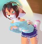  2017 anthro begging black_hair blue_eyes blush brown_fur canine clothed clothing english_text fur girly hair hi_res kayla_(rysonanthrodog) kneeling legwear long_hair male mammal open_mouth red_hair ribbons rysonanthrodog signature skirt socks solo sweater teeth text tongue tongue_out white_fur 