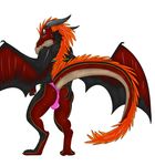  2017 anthro bat_wings black_horn black_scales blush bulge butt clothing dragon fin fur furgonomics furry-specific_piercing hair hand_on_butt horn horn_piercing long_hair lykenzealot male membranous_wings piercing raised_tail red_fur red_hair red_scales scales scalie simple_background solo sulfer swimsuit white_background wings 
