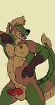  anthro armpits balls crocodile crocodilian erection hybrid hyena knot koorivlf looking_at_viewer male mammal musclegut mustelid open_mouth otter pointing_at_penis reptile scalie solo standing 