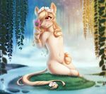  anthro blonde_hair cutie_mark detailed_background equine fan_character featureless_crotch female fur grass hair hooves mammal my_little_pony navel nude silentwulv sitting smile tan_eyes tan_fur waterfall 