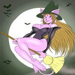  2015 4_toes anthro barefoot bat big_breasts big_thighs blue_eyes blue_skin breasts broom cleavage clothed clothing eeveelution espeon feet female hair halloween holidays leotard long_hair magic_user mammal moon night nintendo pok&eacute;mon skimpy sky solo toes tongue tongue_out video_games witch zp92 