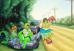  2017 alcohol anthro beverage big_breasts big_butt blonde_hair breasts brown_hair butt car cleavage clothed clothing crocodile crocodilian female gasoline hair lily_sue_(character) makeup overweight red_hair reptile roadside scalie skimpy smoking stranded tamsey thick_thighs tree vdisco vehicle voluptuous wide_hips 