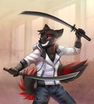  5_fingers anthro black_nose canine clothed clothing fur grey_fur holding_object holding_weapon imanika male mammal melee_weapon red_eyes smile solo standing sword teeth weapon wolf 