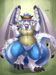  2017 anthro blue_eyes blue_fur blue_hair bottomless claws clothed clothing dragon english_text featureless_crotch fur furred_dragon green_background hair long_hair looking_at_viewer membranous_wings ocaritna one_eye_closed open_mouth shirt signature simple_background smile solo text toe_claws white_fur white_hair wings wink 