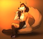  4_toes angiewolf anthro breasts brown_hair canine featureless_breasts female fox fur gradient_background hair mammal orange_fur pawpads simple_background sitting smile solo toes 