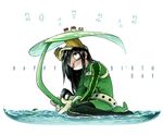  :&gt; aiue0 asui_tsuyu belt black_hair bodysuit boku_no_hero_academia dated frog frog_girl gloves goggles goggles_on_head green_bodysuit hair_rings happy_birthday holding leaf_umbrella long_hair low-tied_long_hair one_eye_closed solo_focus water wet wet_clothes wet_hair white_gloves 