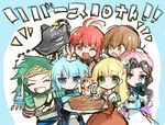  3girls 4boys ahoge annie_barrs armor belt black_hair blonde_hair blue_eyes blue_hair braid brown_eyes card chinese_clothes claire_bennett dress eating eugene_gallardo eyes_closed flower furry gloves green_eyes green_hair grin hat headband hilda_rhambling long_hair mao_(tales) multiple_boys multiple_girls open_mouth purple_eyes red_eyes red_hair short_hair smile tales_of_(series) tales_of_rebirth tytree_crowe veigue_lungberg zapie 