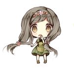  black_hair boots dress eyebrows_visible_through_hair flower green_dress hair_flower hair_ornament hand_on_own_face hand_to_own_mouth head_wreath looking_at_viewer open_mouth original sencha_(senta_10) solo wreath yellow_eyes 