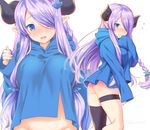  ass black_legwear blue_eyes blue_hoodie blush bottomless braid breasts draph fuyuichi_monme granblue_fantasy groin hair_ornament hair_over_one_eye horns large_breasts legs long_hair multiple_views narmaya_(granblue_fantasy) no_panties out-of-frame_censoring pointy_ears purple_hair single_thighhigh skindentation thigh_strap thighhighs thighs twitter_username white_background 