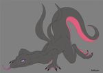  2017 ass_up bent_over black_eyes black_scales english_text female feral grey_background looking_at_viewer nintendo nude pink_sclera pok&eacute;mon purple_scales redraptor16 salazzle scales semi-anthro signature simple_background solo text video_games 