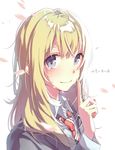  aiko_(aiko_54) bangs blazer blonde_hair blue_eyes blurry blush cherry_blossoms closed_mouth commentary_request copyright_name crying crying_with_eyes_open depth_of_field eyebrows_visible_through_hair finger_to_mouth highres index_finger_raised jacket long_hair looking_at_viewer miyazono_kawori necktie petals red_neckwear school_uniform shigatsu_wa_kimi_no_uso shushing solo striped striped_neckwear tears upper_body white_background 
