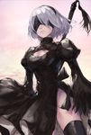  black_legwear blindfold breasts cleavage commentary hairband jname medium_breasts mole mole_under_mouth nier_(series) nier_automata short_hair silver_hair solo sword thighhighs thighs weapon yorha_no._2_type_b 