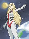  1girl blonde_hair blue_eyes bodysuit breasts dianna_soreil drill_hair earth gundam kyosu long_hair medium_breasts moon solo space standing turn_a_gundam 