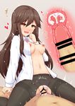  1girl arashio_(kantai_collection) bar_censor blush breasts brown_eyes brown_hair censored cross-section cum cum_in_pussy dress_shirt drooling girl_on_top hakuhou_(ende_der_welt) heart hetero highres kantai_collection looking_at_viewer medium_breasts navel nipples no_bra no_pants open_clothes open_mouth open_shirt panties panties_aside panties_under_pantyhose pantyhose penis pink_panties pussy remodel_(kantai_collection) sex shirt smile solo_focus straddling thighband_pantyhose torn_clothes torn_legwear underwear uterus vaginal 