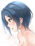  bad_id bad_pixiv_id blue_hair blush breasts cleavage close-up commentary_request earrings from_side green_eyes hayami_kanade highres idolmaster idolmaster_cinderella_girls jewelry large_breasts murabito_c parted_lips short_hair solo wet 
