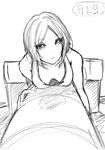  arms_at_sides bad_id bad_pixiv_id breasts collarbone commentary_request downblouse eyebrows_visible_through_hair greyscale hayami_kanade highres idolmaster idolmaster_cinderella_girls looking_at_viewer medium_breasts monochrome murabito_c parted_lips short_hair sketch solo sweatdrop 