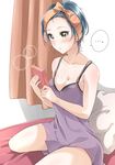  1girl 3: babydoll bad_id bad_pixiv_id blue_hair blush breasts collarbone commentary_request curtains gift hayami_kanade highres holding holding_gift idolmaster idolmaster_cinderella_girls indoors lens_flare light_smile medium_breasts murabito_c on_bed pillow sitting solo spoken_ellipsis sweatdrop thighs tied_hair wariza yellow_eyes 
