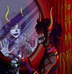  2013 altered_reflection black_hair claws clothed clothing crying duo english_text face_paint fangs gamzee_makara hair homestuck horn humanoid looking_at_self male mammal mirror ms_paint_adventures not_furry open_mouth purple_eyes red_eyes reflection sharp_teeth square_crossover tears teeth text troll_(homestuck) xxchesiresmile666xx yellow_sclera 