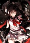  black_background black_gloves black_hair black_legwear cape chain closed_mouth cowboy_shot elbow_gloves gauntlets gloves grin hair_between_eyes kantai_collection kiso_(kantai_collection) koruta_(nekoimo) looking_at_viewer neckerchief red_neckwear school_uniform serafuku shinkaisei-kan short_hair single_thighhigh skirt smile solo thighhighs thighs white_skirt zettai_ryouiki 