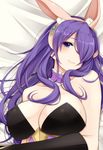  animal_ears breasts bunny_ears bunny_girl bunnysuit camilla_(fire_emblem_if) choker cleavage covered_nipples fake_animal_ears fire_emblem fire_emblem_heroes fire_emblem_if hair_over_one_eye hairband highres kirbyffcc large_breasts long_hair looking_at_viewer lying on_back purple_eyes purple_hair smile solo upper_body 