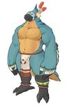  adios anklet anthro avian barazoku bedroom_eyes biceps big_hands bird blue_feathers breath_of_the_wild bulge clothing feather_fingers feathers half-closed_eyes jewelry kass_(zelda) loincloth macaw musclegut muscular nintendo orange_feathers parrot pecs rito seductive simple_background soft talons the_legend_of_zelda triforce video_games white_background 