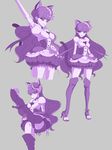  animal_ears arm_up bangs boots cat_ears cat_tail choker cure_macaron don_(rg06268) earrings extra_ears food_themed_hair_ornament full_body grey_background hair_ornament high_heel_boots high_heels highres jewelry kirakira_precure_a_la_mode leg_lift looking_at_viewer macaron_hair_ornament magical_girl precure purple simple_background smile solo tail thighhighs zettai_ryouiki 