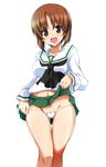 :d blush brown_eyes brown_hair eyebrows_visible_through_hair girls_und_panzer green_skirt looking_at_viewer navel nishizumi_miho open_mouth ouhashi panties school_uniform short_hair simple_background skirt skirt_lift smile solo standing underwear white_background white_panties 
