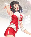  arm_up armpits bangs black_hair blush breasts brown_eyes cowboy_shot elbow_pads elbow_sleeve girls_und_panzer headband highres kondou_taeko large_breasts looking_up mattari_yufi open_mouth short_hair solo sportswear twitter_username volleyball_uniform 