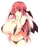  alternate_breast_size bangs bare_arms bare_shoulders bikini black_bikini black_ribbon breasts commentary_request covered_nipples cowboy_shot flower gigantic_breasts hair_flower hair_ornament hair_ribbon hands_on_own_face head_wings highres koakuma long_hair looking_at_viewer maturiuta_sorato micro_bikini navel red_eyes red_hair ribbon shiny shiny_hair solo standing swimsuit touhou 
